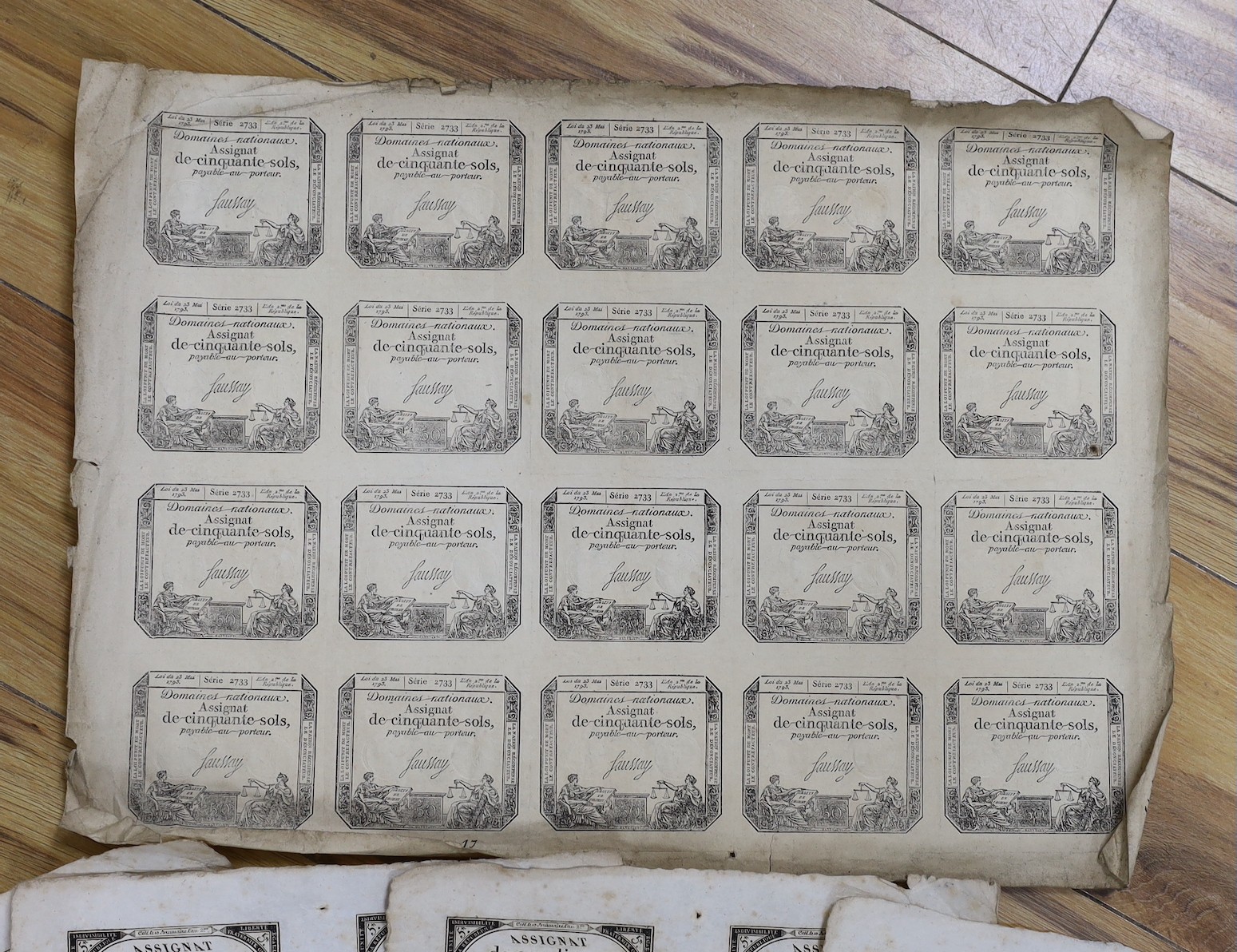 French Revolutionary banknotes, Republic Francaise, four uncut sheets of Assignat 5 livres, Serie 15909, and one sheet of Assignat 50 sols, Mai 1793, Serie 2733